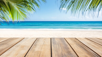 Wall Mural - serene beach scene featuring wooden deck in foreground, with lush palm leaves framing view. tranquil ocean and clear blue sky create peaceful atmosphere, perfect for relaxation