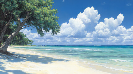 Wall Mural - serene beach scene featuring clear blue sky with fluffy white clouds, gentle waves lapping at shore, and lush greenery along coastline. tranquil atmosphere evokes sense of peace and relaxation
