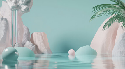 Wall Mural - serene landscape featuring pastel colored rocks and smooth spheres in tranquil water setting. soft h