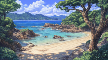 Wall Mural - serene beach scene featuring clear turquoise waters, rocky formations, and lush green trees under br