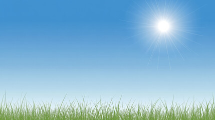 Wall Mural - Bright sun shining over clear blue sky with lush green grass in foreground creates serene and cheerful atmosphere, perfect for summer vibes and outdoor activities