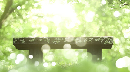 Wall Mural - serene wooden bench surrounded by lush greenery and soft sunlight creates peaceful atmosphere, inviting relaxation and reflection in nature embrace