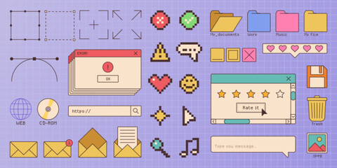 old software windows and icons set isolated on background. vector illustration of y2k computer deskt