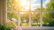 © EUT - Sunny window view with pink flowers, bright natural light and green trees. Great for spring, summer designs, hope, and new beginnings themes.