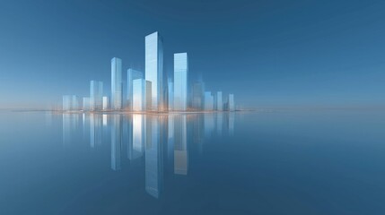 Aufkleber - 3D rendered glass skyscrapers on gradient blue backdrop with minimalist urban landscape and empty floor space. Modern architectural concept design showcasing futuristic city skyline, geometric structu
