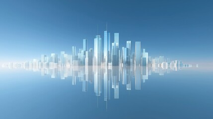 Aufkleber - 3D rendered glass skyscrapers on gradient blue backdrop with minimalist urban landscape and empty floor space. Modern architectural concept design showcasing futuristic city skyline, geometric structu