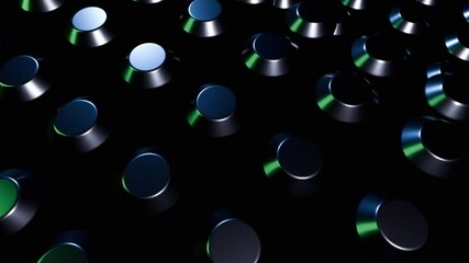 Canvas Print - Abstract 3D Render: Dark Blue and Green Metallic Cones Pattern on Black Background 4K Background Loop