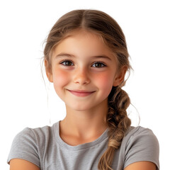 beautiful caucasian young girl, aged 10, happy face expression, isolated on transparent background.
