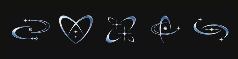 Wall Mural - retro metallic symbols and y2k shapes, futuristic abstract frames and symbols with blinking stars. v