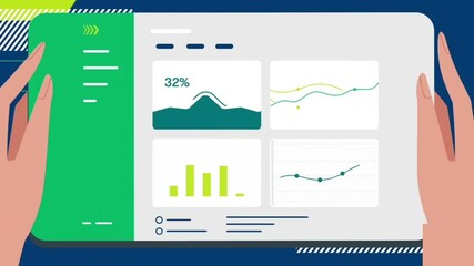 Wall Mural - animation of hands interacting with a mobile device showing analytics charts and growth metrics.