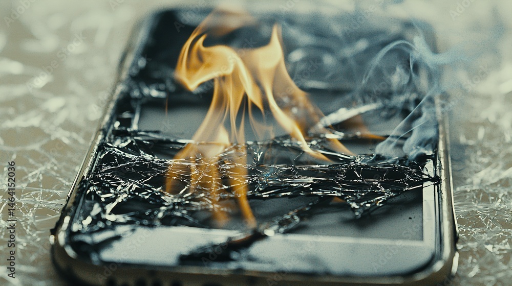 Broken smartphone screen with dark smoke coming out, representing ...