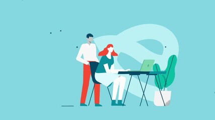 Animated workplace scene showing team members collaborating and analyzing a project dashboard for development and review.