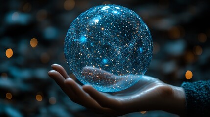 Close-up of a man's hand holding a blue, glowing, futuristic energy sphere with holographic symbols.