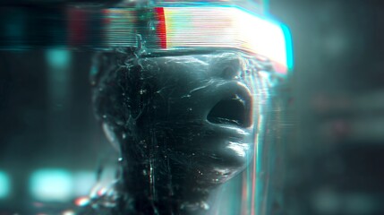 Wall Mural - A futuristic figure partially submerged in water. The person is wearing a unique visor that distorts their features.