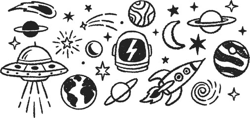 Wall Mural - Hand drawn space theme vector illustration set with UFOs, rockets, planets, stars, comets, and astronauts in a doodle art style.