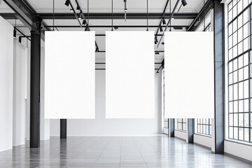 Poster - Three blank vertical posters hanging in a spacious modern gallery with industrial architecture, large windows, and tiled floor. Concept of clean design. Ai generative