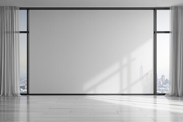 Poster - Empty modern room with white wall, soft light, floor-to-ceiling windows, and cityscape view in minimal architectural background. Ai generative