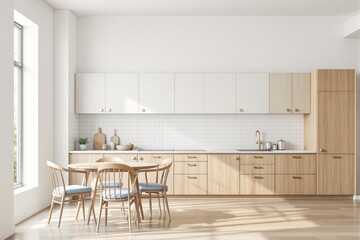Poster - Contemporary kitchen interior with light wood cabinets, white wall cupboards, soft sunlight, and cozy dining set on bright background. Ai generative