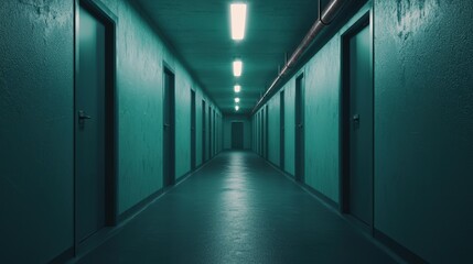 Poster - Dystopian prison corridor with green fluorescent lighting and steam rising from vents