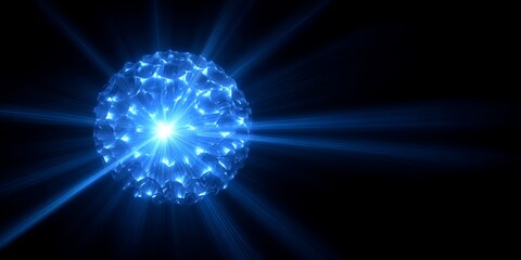 Leinwandbilder - Blue Luminescent Sphere Radiating Light and Energy with Bright Rays Illuminating Dark Space in a Stylish Abstract Design for Science and Technology