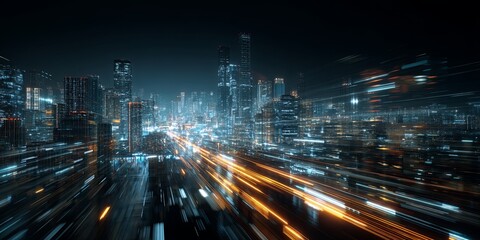 Poster - Futuristic Urban Cityscape at Night with Digital Elements Representing Technology and Data Transformation in a Connected World