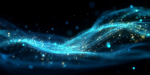 Poster - Bright Blue Wave with Sparkles and Glowing Particles on Dark Background for Creative and Abstract Designs