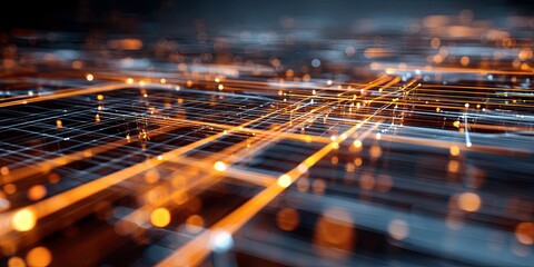 Fototapete - Abstract Digital Data Visualization with Glowing Lines and Grids in a Futuristic Technology Environment Representing Information Flow and Connectivity