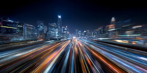 Aufkleber - Vibrant Night Cityscape with Dynamic Light Trails Captured in Long Exposure Technique Showcasing Urban Energy and Motion Across the Skyline