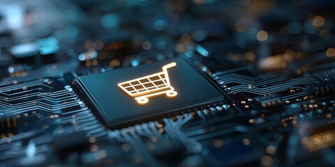 Poster - Digital Shopping Experience with Virtual Cart Icon on Futuristic Circuit Background for E-commerce and Technology Themes