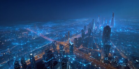 Aufkleber - Aerial View of a Futuristic Cityscape at Night Illuminated by Vibrant Lights and Digital Networking Connections Under a Bright Blue Sky