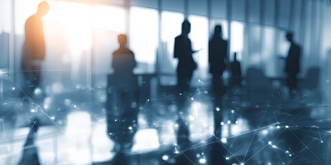 Aufkleber - Silhouetted Business Professionals Collaborating in a Modern Office with Digital Network Concept and Futuristic Technology Overlay