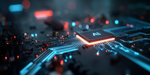 Fototapete - Futuristic Concept of Artificial Intelligence with Digital Circuit Board Design, Neon Lights and Data Flow for Technology and Innovation Themes