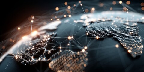 Fototapete - Global Connectivity Concept with Digital World Map and Network of Nodes Illustrating International Data and Technology Communication Systems
