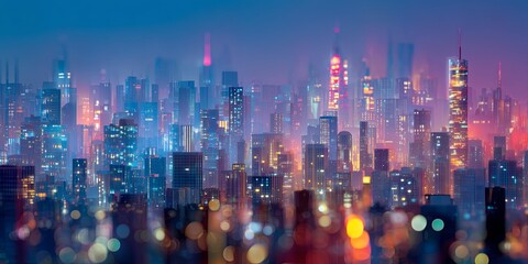 Poster - Futuristic City Skyline with Vibrant Lights and Colorful Patterns at Dusk, Showcasing Urban Landscape, Technology, and Innovation in Contemporary Architecture