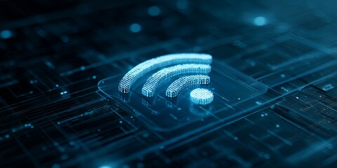 Fototapete - Digital Wi-Fi Signal Icon Made of Binary Code in a Blue Background with Geometric Shapes and Modern Design Elements for Technology Visuals