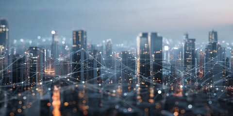 Poster - Futuristic Cityscape at Dusk with Digital Connections and Network Overlays Showcasing Modern Architecture and Urban Development in a Technological Era