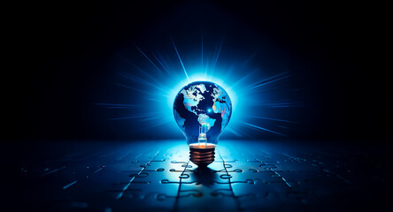 Poster - a glowing lightbulb, shaped like earth, sits on a dark puzzle surface, radiating blue light and sugg