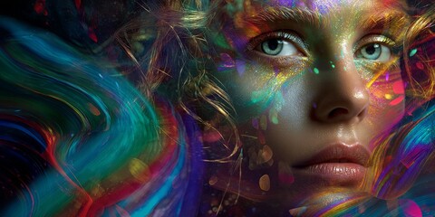 Aufkleber - Ethereal  Woman with Vibrant Colorful Swirls Representing Creativity and Imagination in a Universe of Abstract Wonders