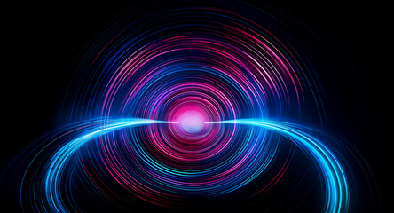Wall Mural - abstract swirling concentric circles of vibrant pink, blue, and purple light against a black backgro