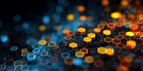 Poster - Abstract Geometric Background with Colorful Hexagons in Blue, Orange, and Yellow Hues Creating a Modern Digital Design for Technology Themes
