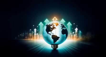Wall Mural - a glowing earth inside a lightbulb, surrounded by upward-pointing arrows, symbolizes global growth a