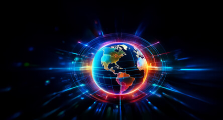 Wall Mural - a vibrant, glowing earth encircled by a ring of energy, radiating light streaks across a dark backgr