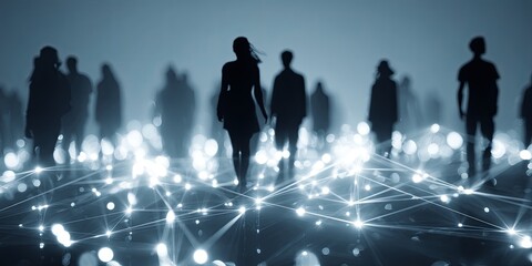 Poster - Silhouettes of Diverse People Connected by a Web of Light Representing Networking, Community, Collaboration, and Social Interaction in Digital Age