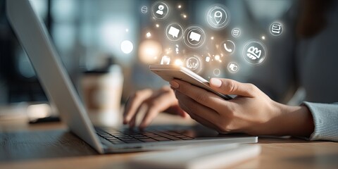 Fototapete - Person Using Smartphone and Laptop with Digital Icons on a Light Desk Background in a Modern Workspace Setting for Technology and Communication Themes