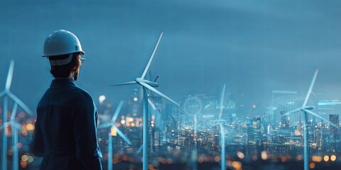 Poster - Urban Engineer Overlooking Cityscape at Dusk with Digital Wind Turbine Icons and Data Visualization Elements Representing Renewable Energy