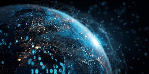 Aufkleber - Digital Earth Visualization with Binary Code and Global Connections Highlighting Technology for Innovation and Data Representation