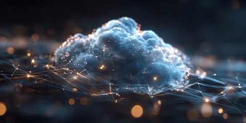 Fototapete - Futuristic Cloud Computing Concept with Digital Network Connections and Holographic Displays Representing Data Exchange and Storage Solutions