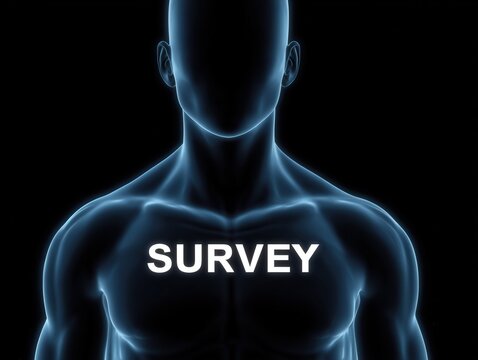3D representation of a human figure illuminated with blue neon light highlighting survey data showcasing digital innovation and human interaction in modern research environments