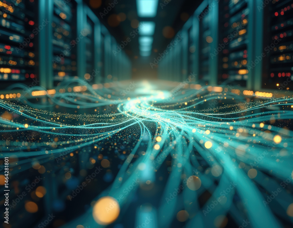 Abstract representation of data flow in a server room, depicting ...