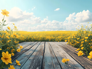Wall Mural - Yellow Flower Field Wooden Deck Background Illustration
